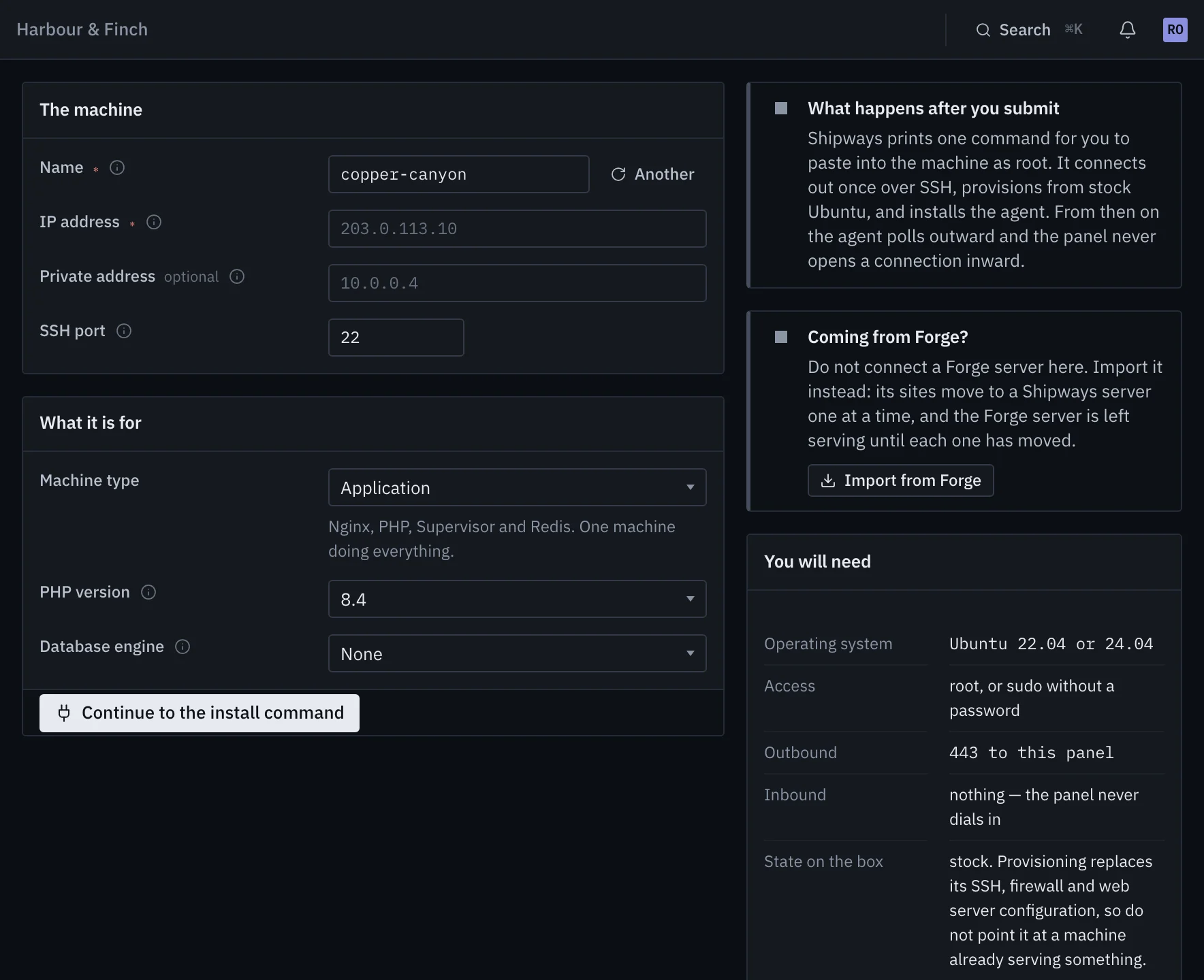 The add-server form: a name, an IP address, the machine type and PHP version, and what the box needs.