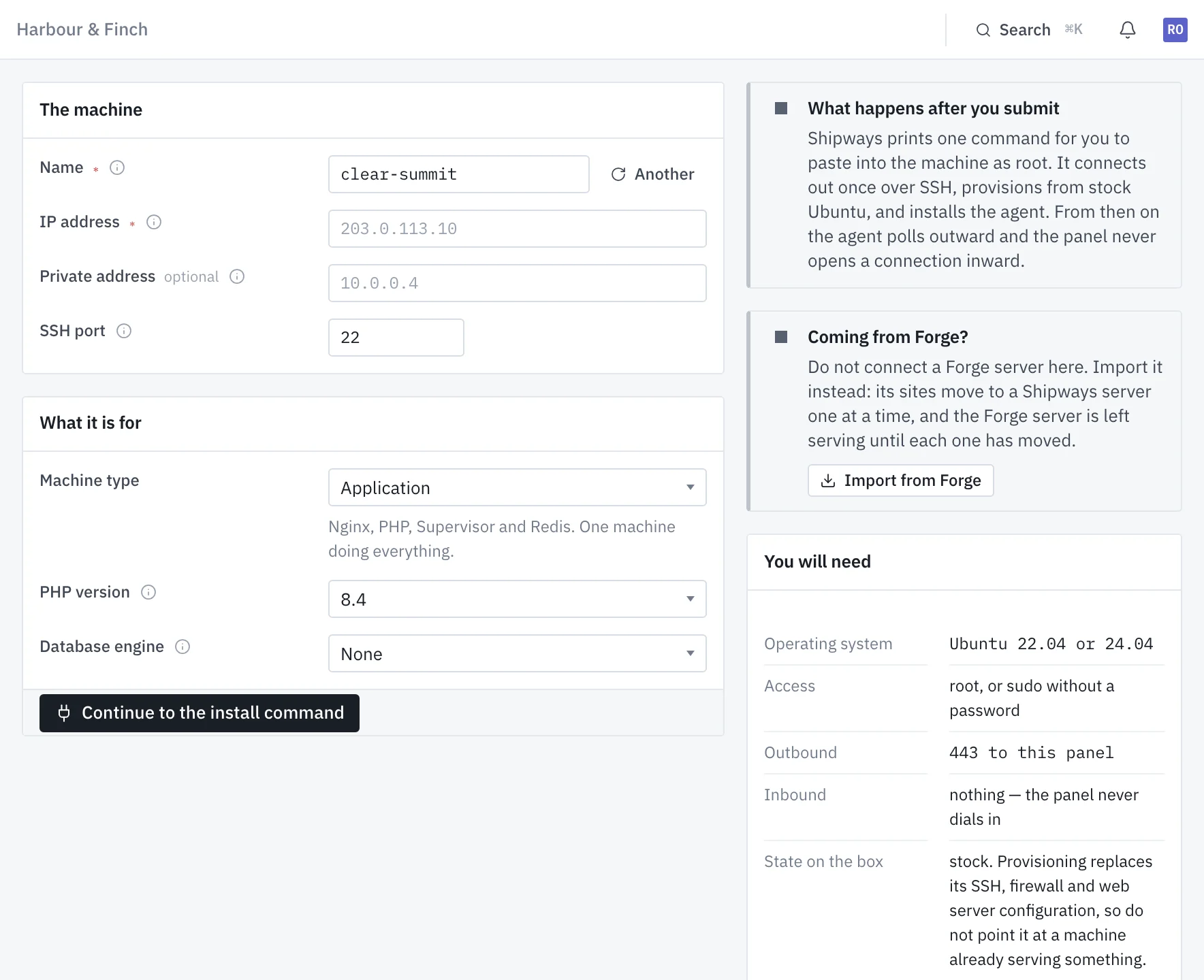 The add-server form: a name, an IP address, the machine type and PHP version, and what the box needs.