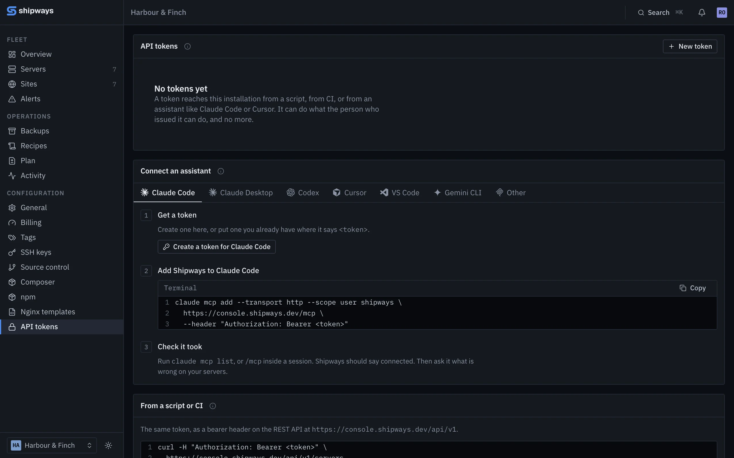 The API tokens page, with ready-to-paste setup for Claude Code, Claude Desktop, Codex, Cursor, VS Code and Gemini CLI.