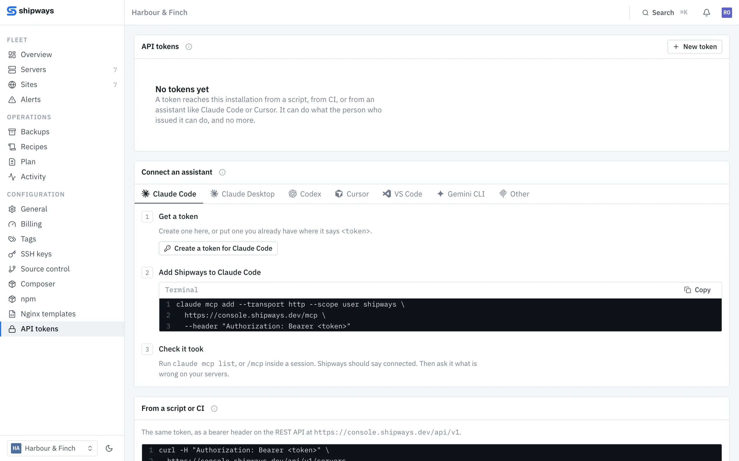 The API tokens page, with ready-to-paste setup for Claude Code, Claude Desktop, Codex, Cursor, VS Code and Gemini CLI.