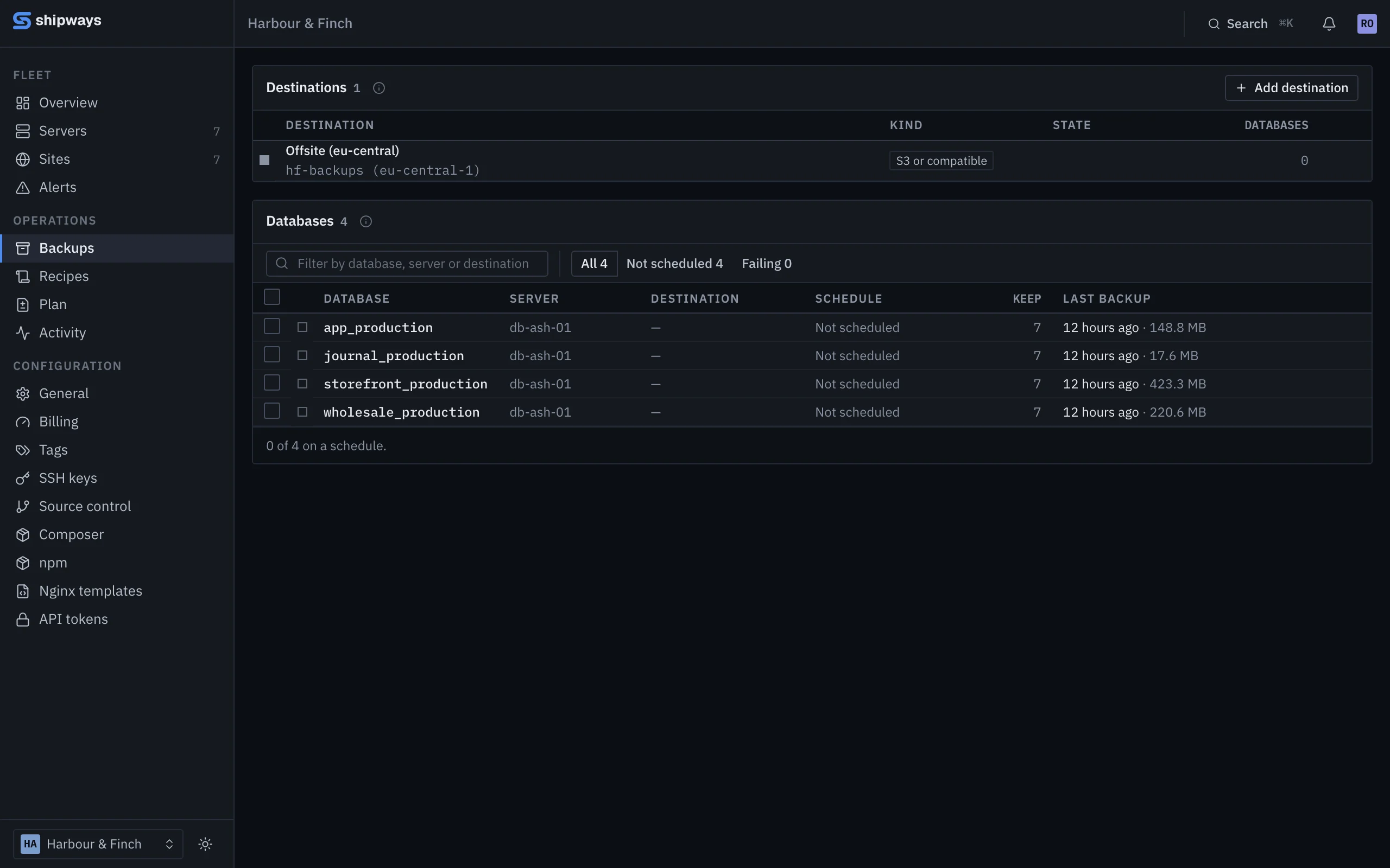 The backups page: one S3 destination, and four PostgreSQL databases with their last backup, its size and how many are kept.
