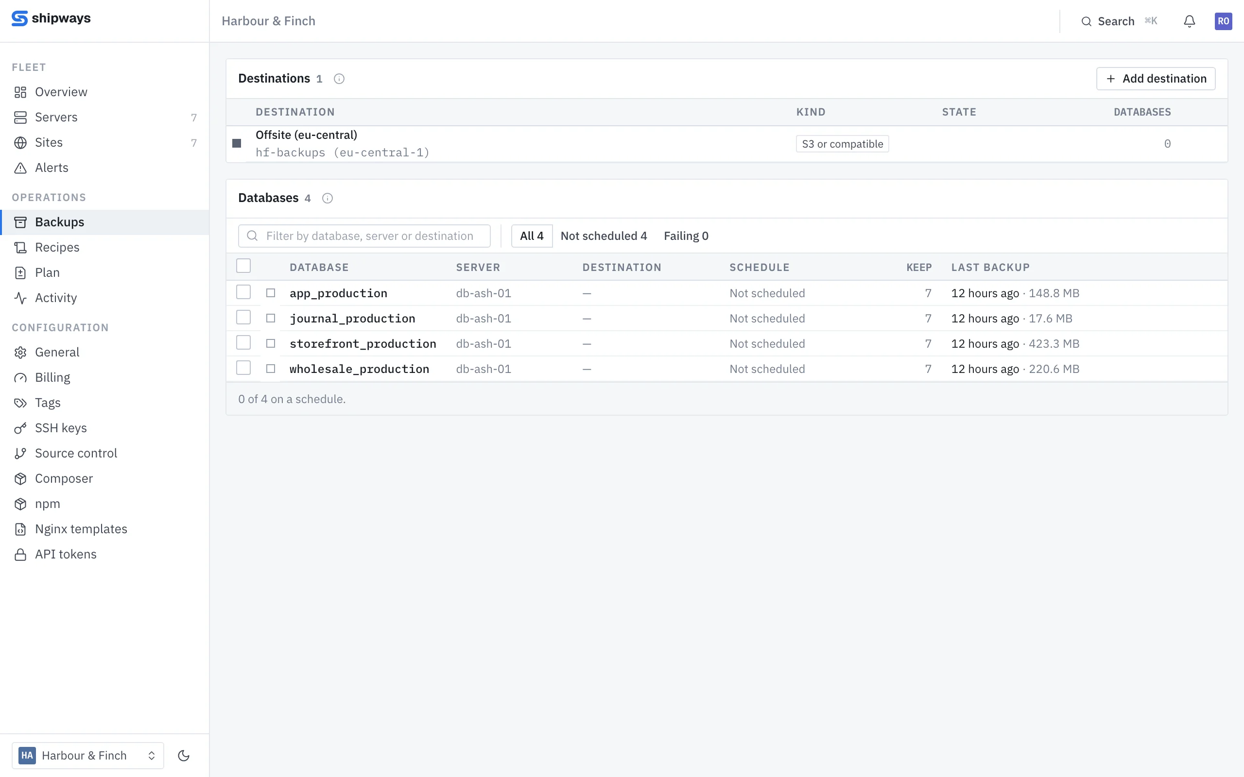 The backups page: one S3 destination, and four PostgreSQL databases with their last backup, its size and how many are kept.