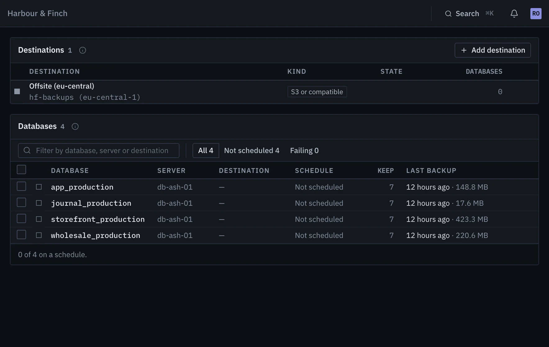 The backups page: an S3 destination and four PostgreSQL databases with their last backup and size.