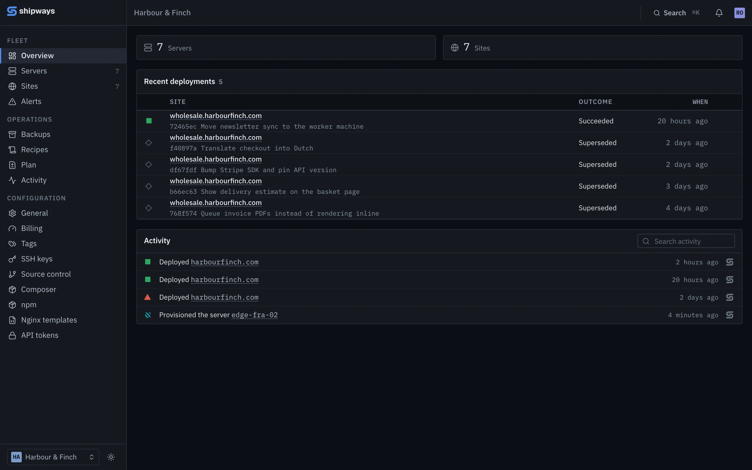 The Shipways overview for an organization: seven servers, seven sites, the most recent deployments and an activity feed.