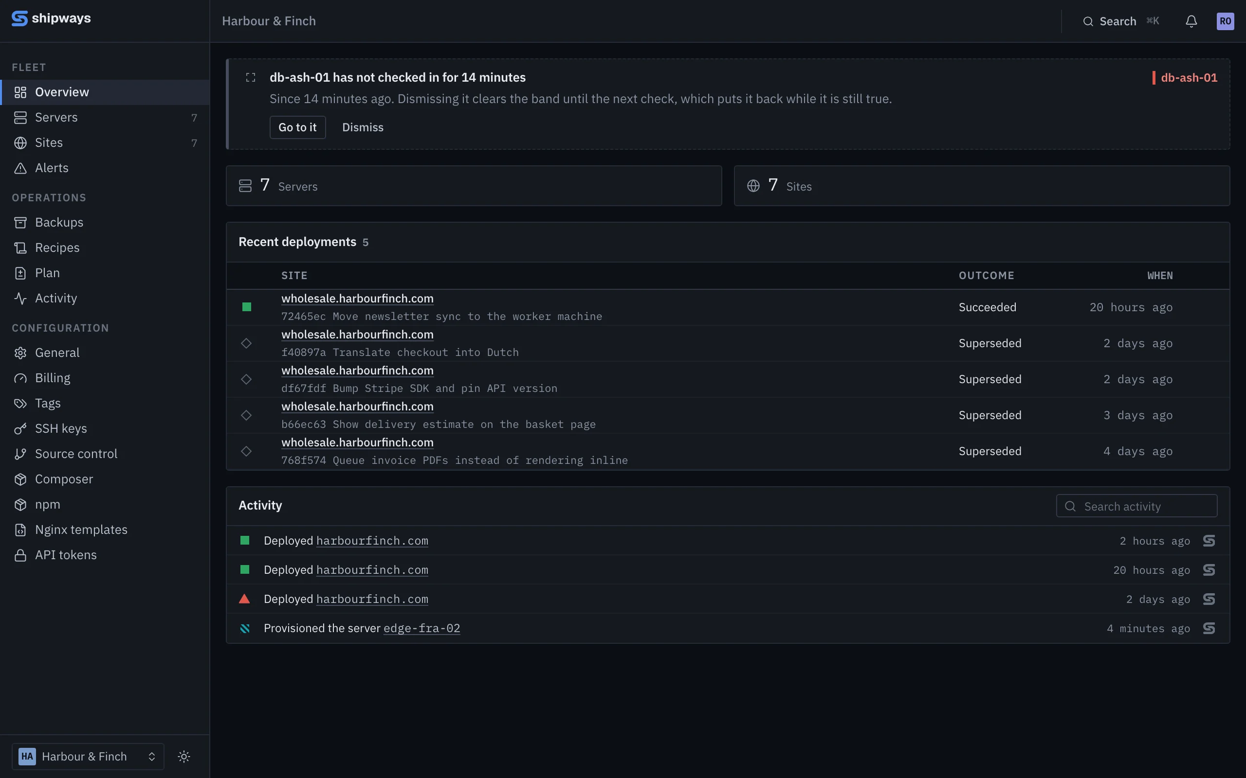 The overview with a band reading db-ash-01 has not checked in for 14 minutes, above the usual deployments and activity.