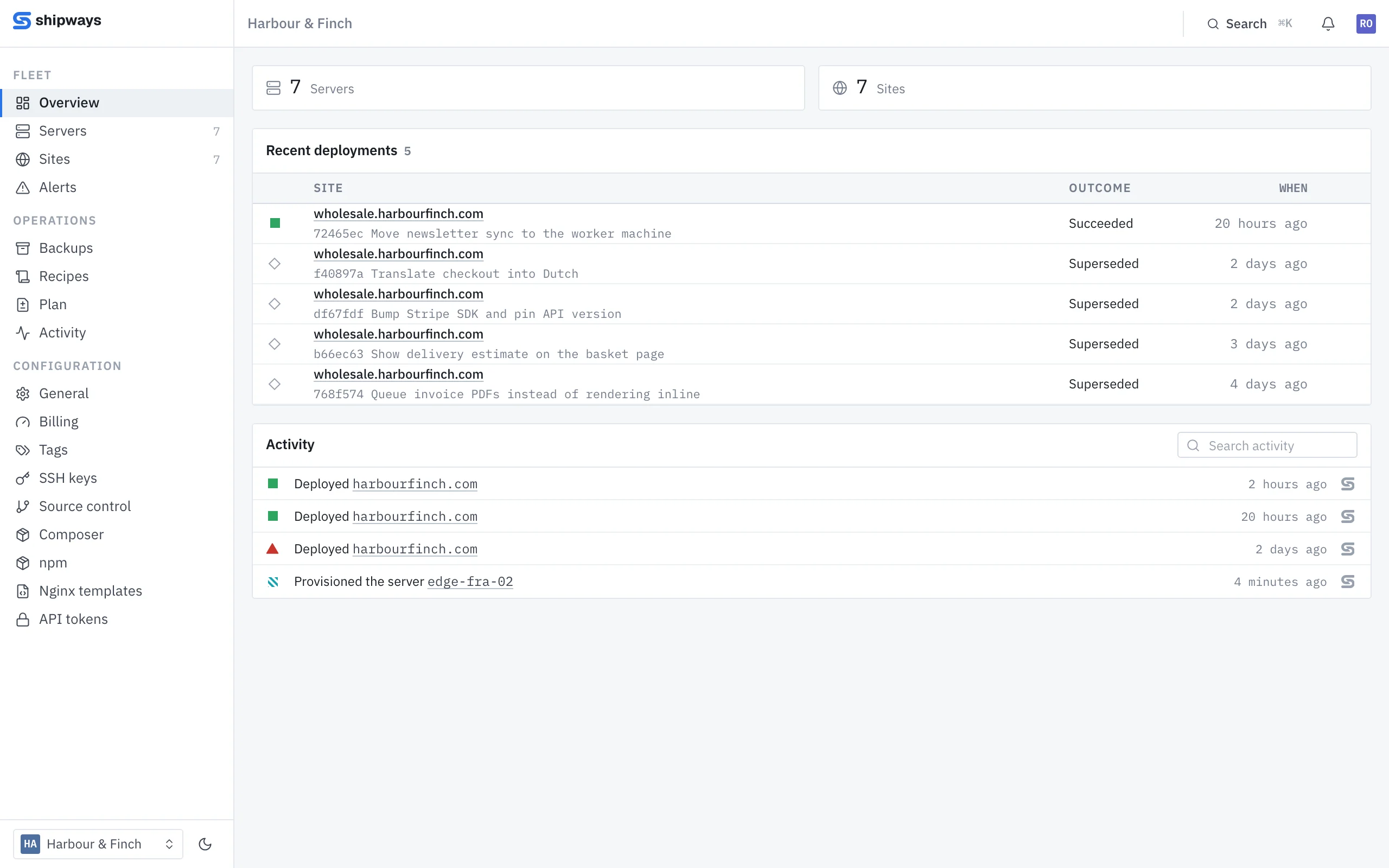 The Shipways overview for an organization: seven servers, seven sites, the most recent deployments and an activity feed.
