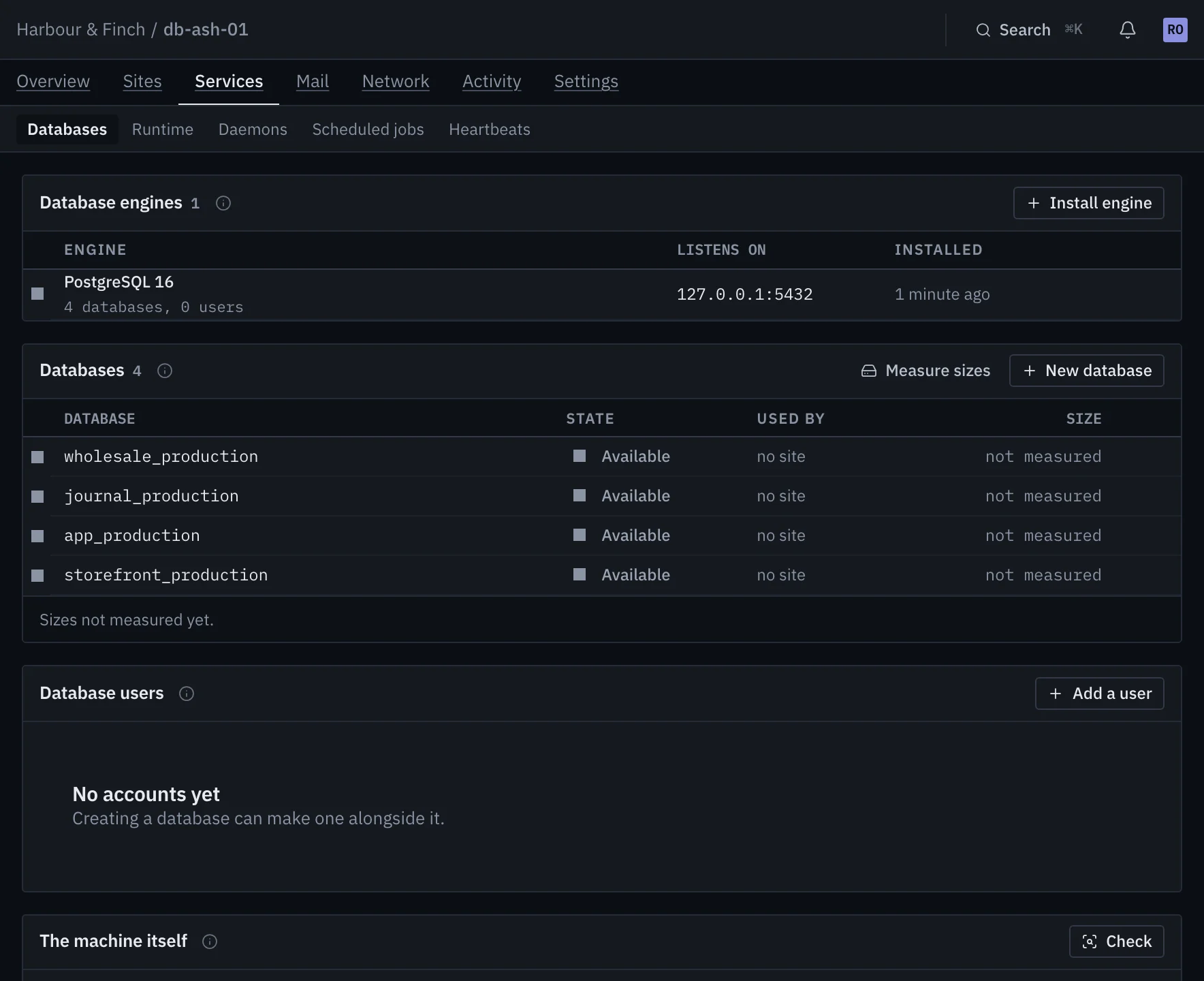 The databases on db-ash-01: PostgreSQL 16 installed, four databases available.