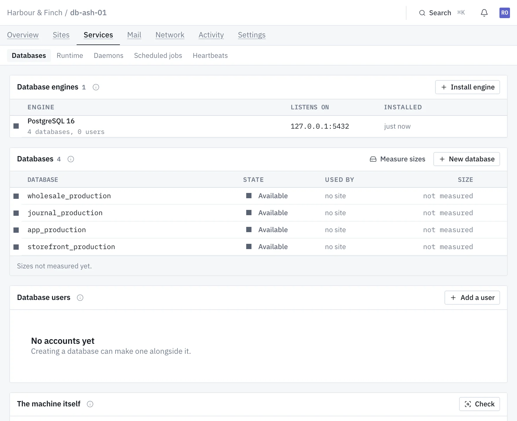 The databases on db-ash-01: PostgreSQL 16 installed, four databases available.