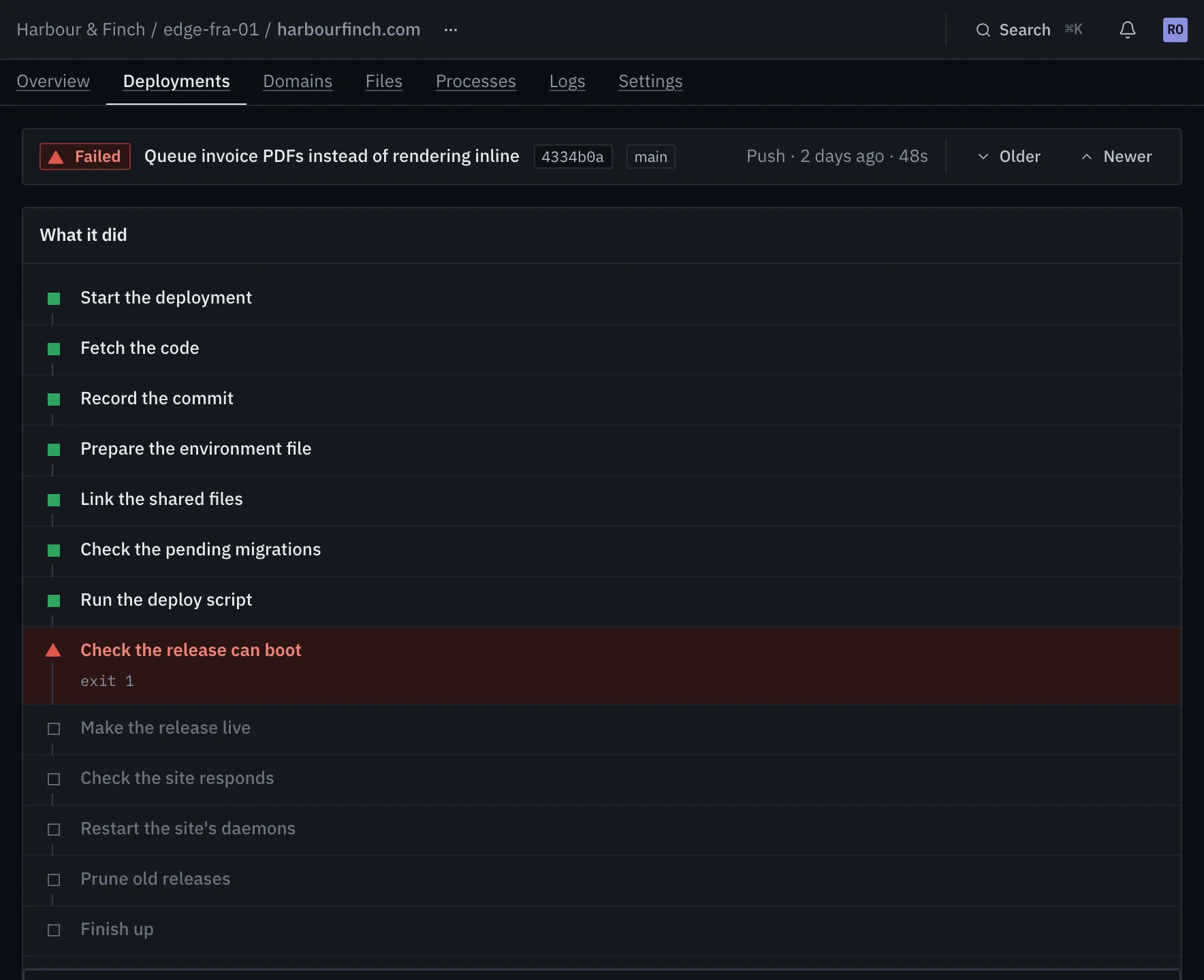 A failed deployment that stopped at Check the release can boot, with the error and the steps it skipped.