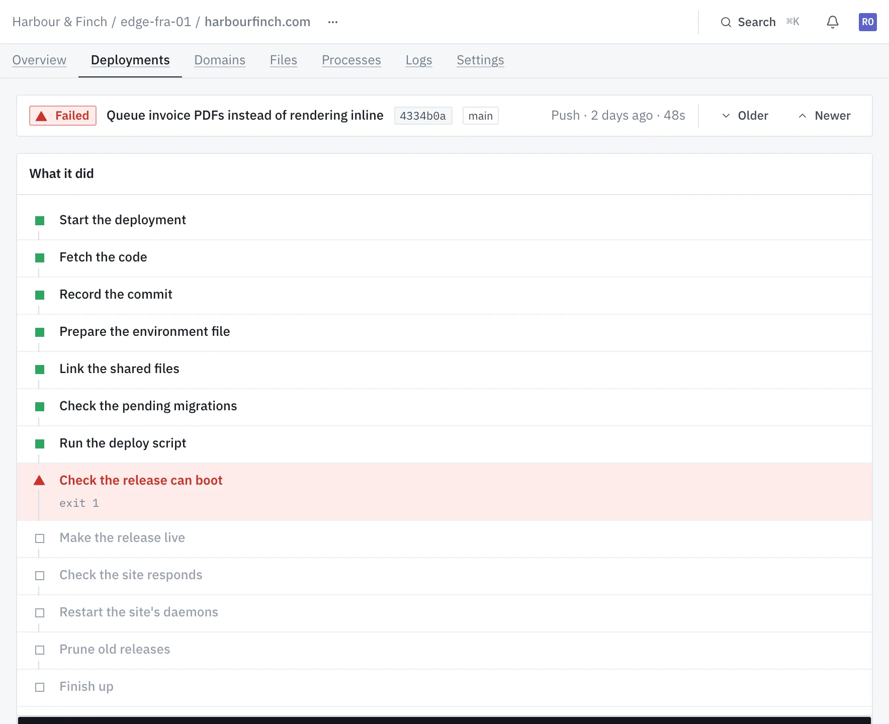 A failed deployment that stopped at Check the release can boot, with the error and the steps it skipped.