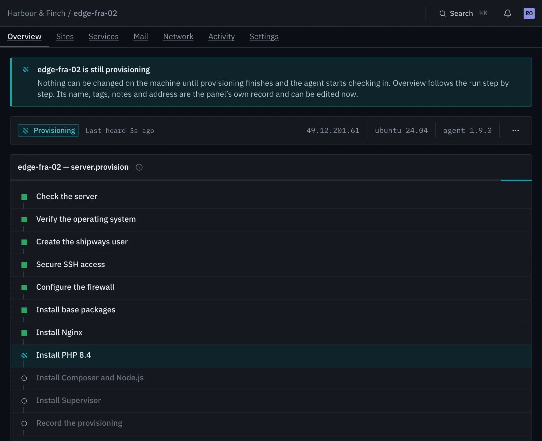A server mid-provision: completed steps ticked, Install PHP 8.4 running, and apt's output streaming on the right.