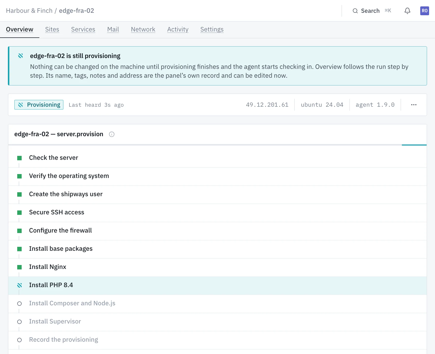 A server mid-provision: completed steps ticked, Install PHP 8.4 running, and apt's output streaming on the right.