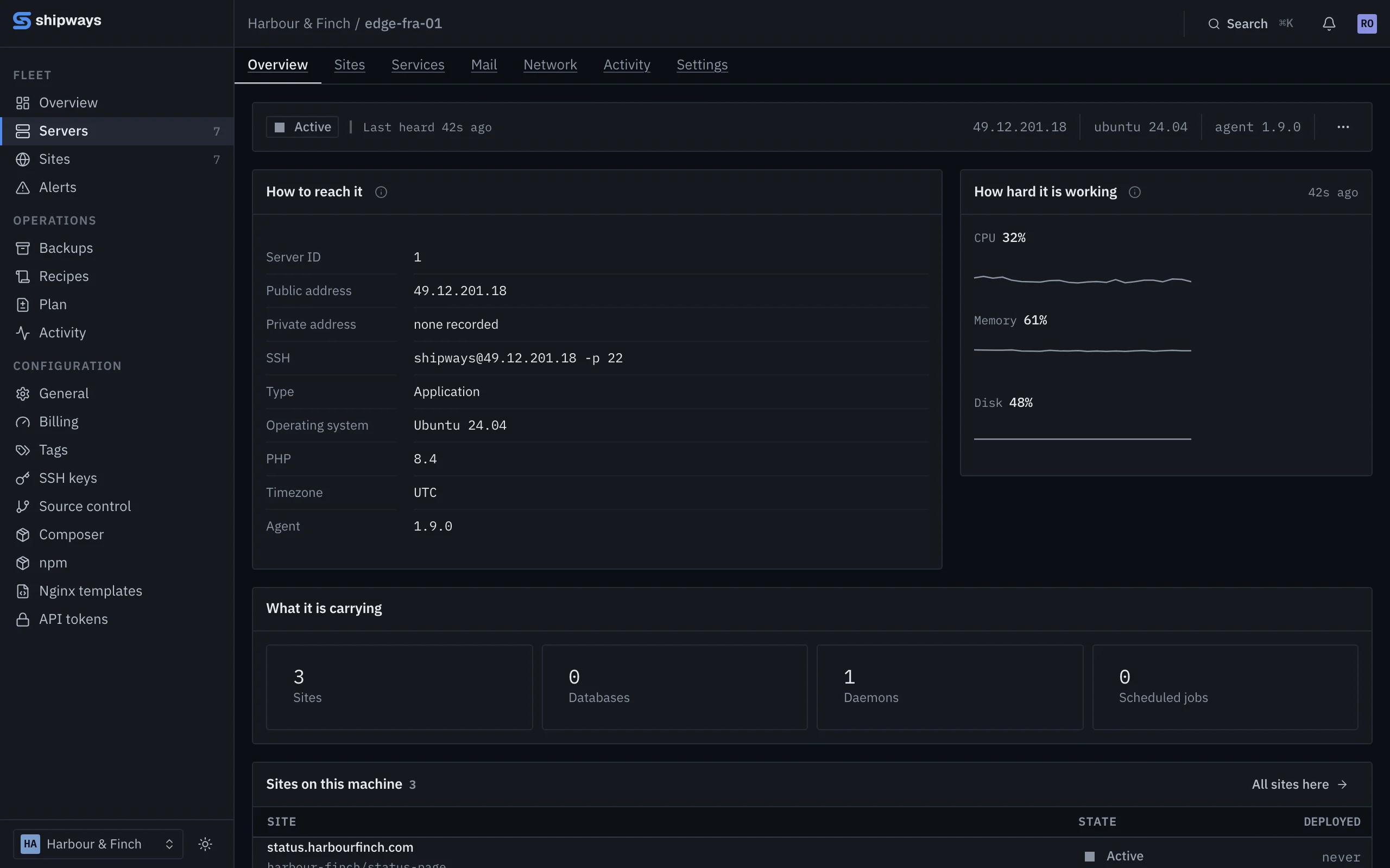 A server overview: last heard a few seconds ago, how to reach it, how hard it is working, and the sites on it.