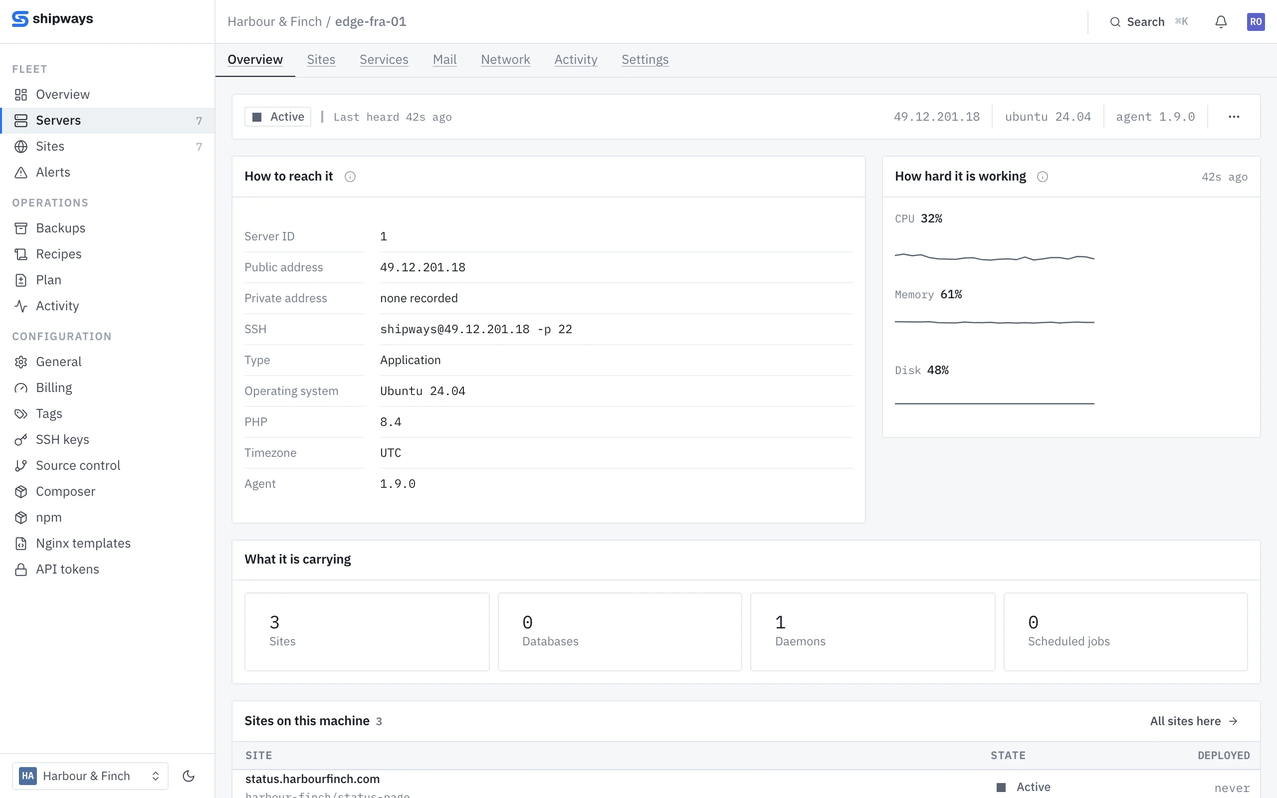 A server overview: last heard a few seconds ago, how to reach it, how hard it is working, and the sites on it.